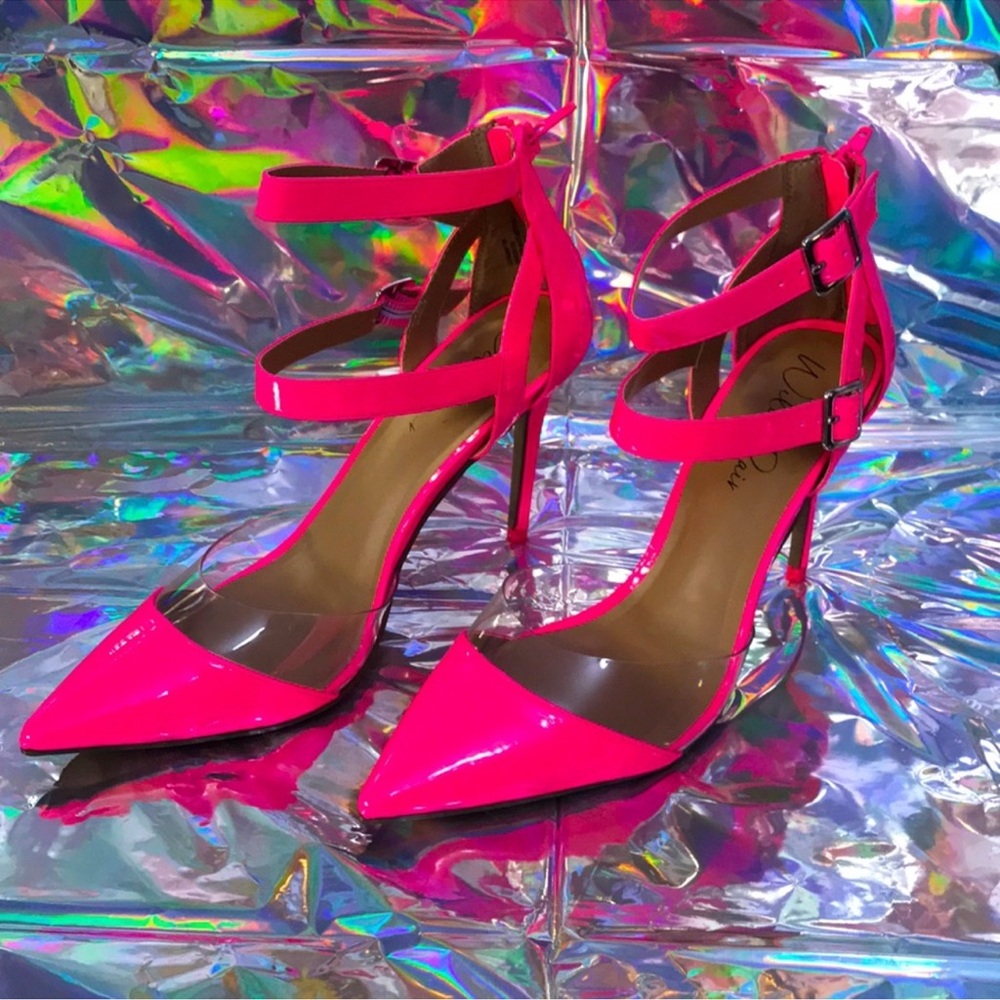 Wild Pair Neon Pink Patent Pointed-Toe Ankle-Strap Heels - Picture 1 of 5